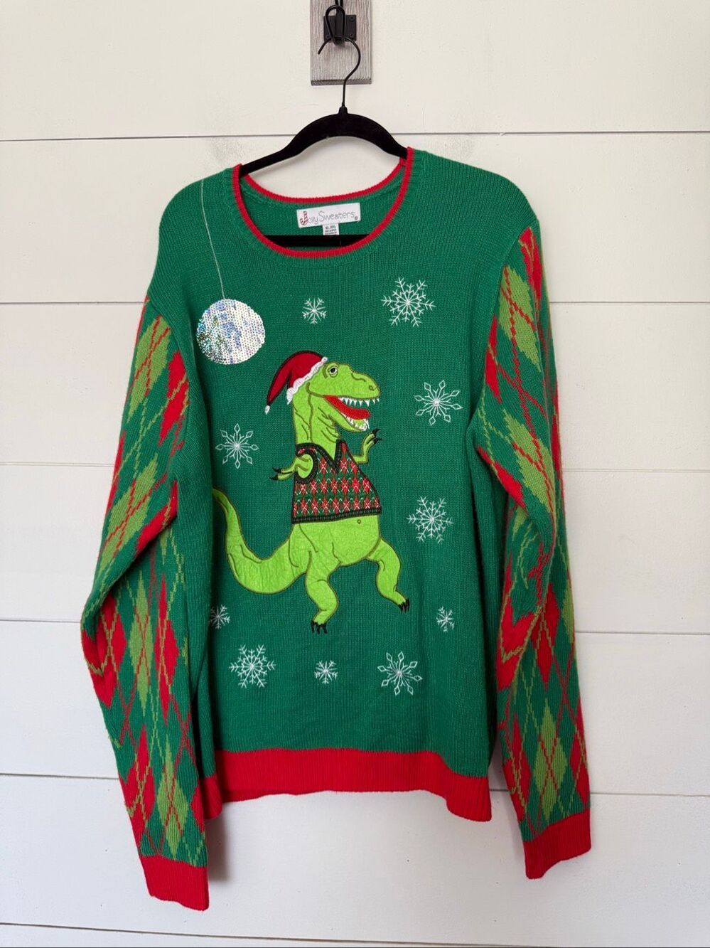 Jolly Sweaters Adult XL Green Santa Hat Dinosaur Holiday Christmas Sweater Ugly